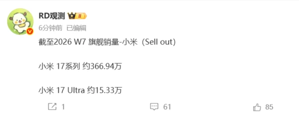曝小米17系列累计销量逼近367万台！Ultra单品破15万